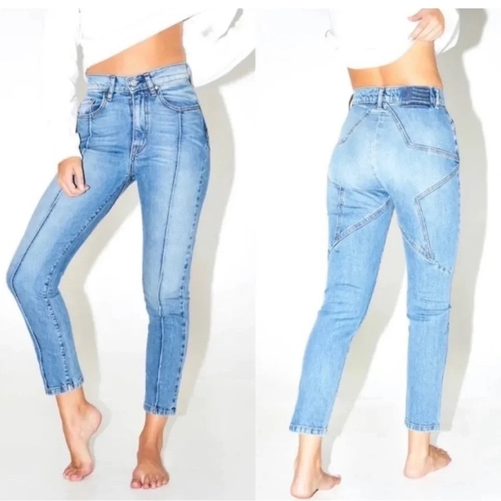 Womens High Waisted Star Patch Denim Jeans Blue‎ Casual Streetwear Size M
